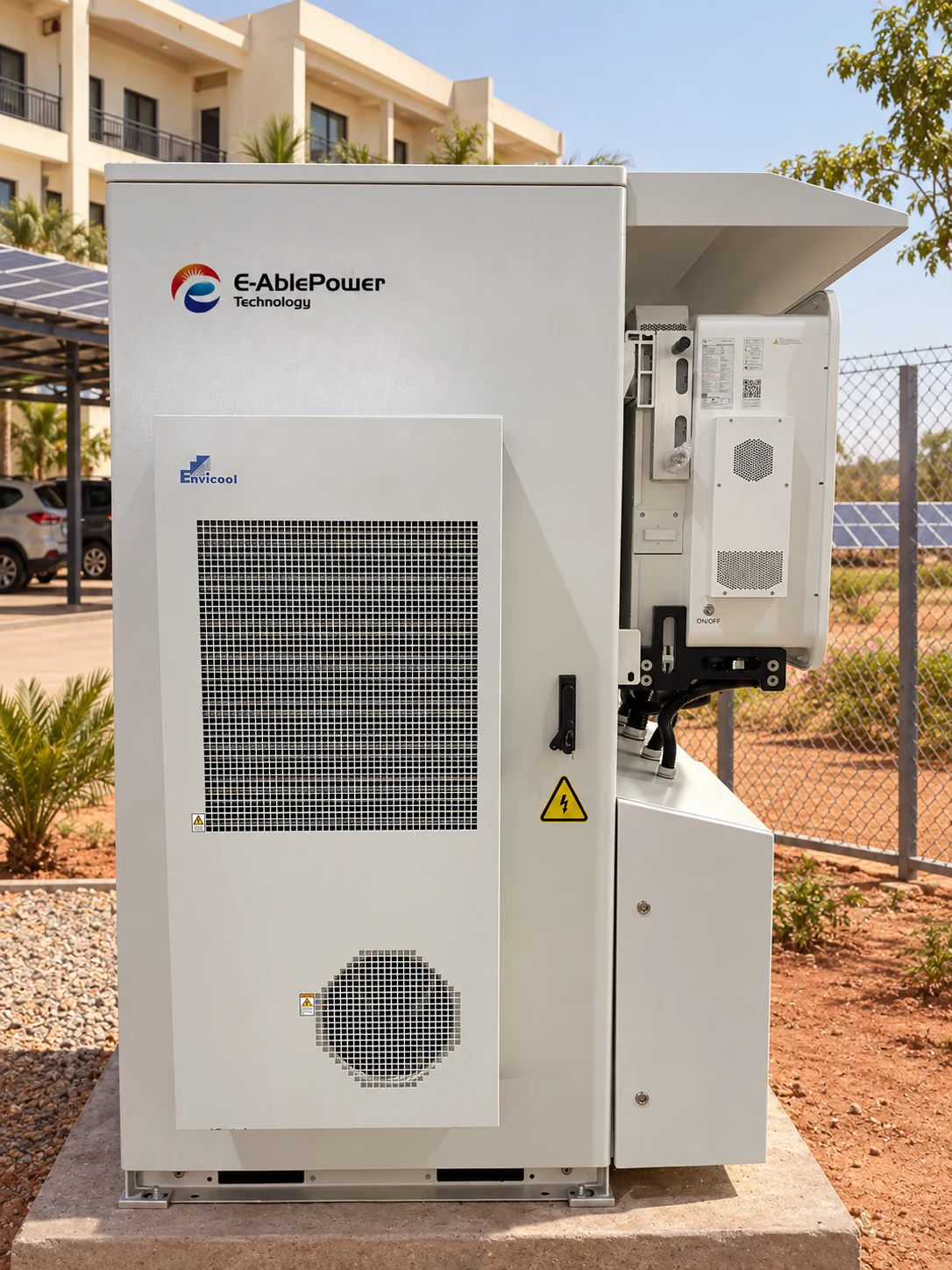E-Able Power C&I battery cabinet with HVAC cooling and Solis inverter installed at a solar carport site