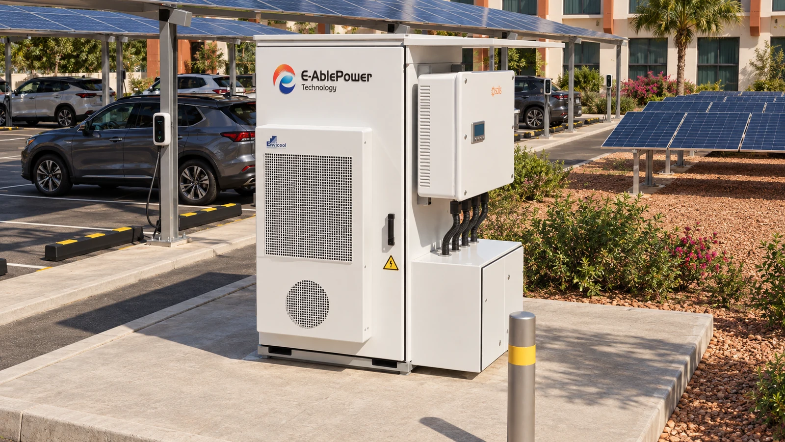 Row of 7 kW Type 2 AC EV chargers and a C&I battery storage cabinet at a solar carport