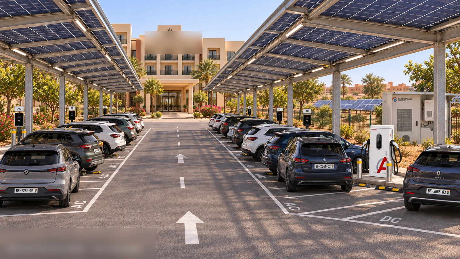 Solar carport EV charging station with PV canopies, AC and DC chargers and a C&I battery storage cabinet