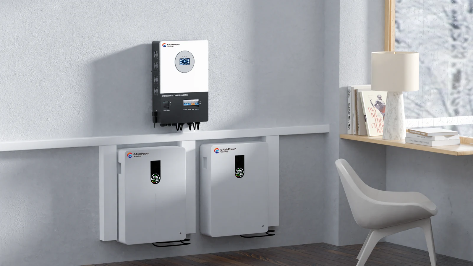 E-Able Power split-phase hybrid inverter with two wall-mounted home batteries in a residential installation