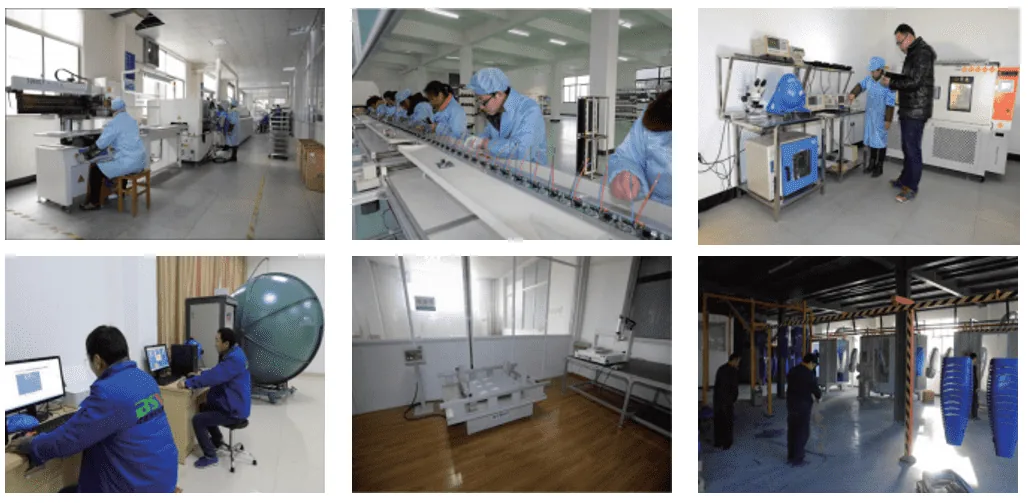 A collage of six photographs depicting manufacturing and testing processes in a factory, including cleanroom assembly lines, equipment inspe