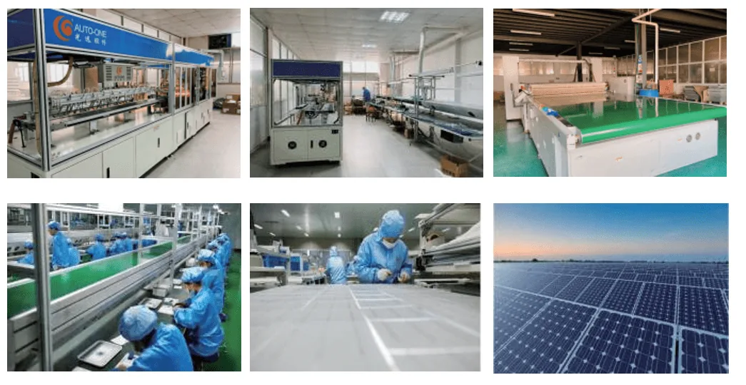 A collage of six images showing automated solar panel manufacturing equipment, cleanroom workers, and an outdoor solar panel array.