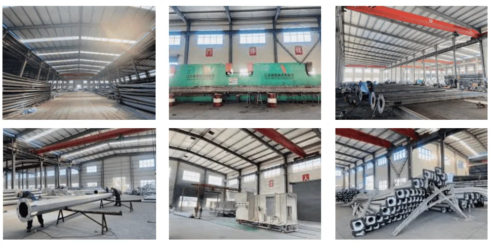 A collage of six photos showing the industrial interior of a metal manufacturing facility with stacks of steel pipes, machinery, and overhea