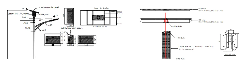 A technical drawing detailing the components and dimensions of a split solar street light with a single arm pole.