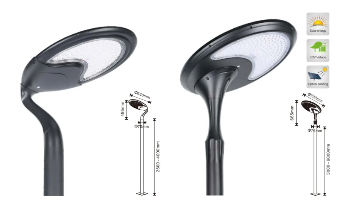 A technical diagram of two black solar post lights with dimensions and icons for solar energy, voltage, and optical sensing.