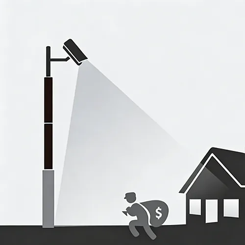 A man carrying a money bag runs past a house under a streetlight.