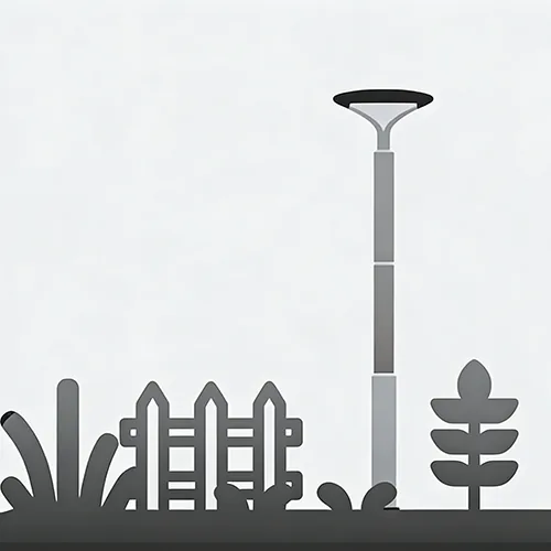 A stylized illustration of a park scene featuring a tall lamppost, a wooden fence, and stylized plants against a plain background.