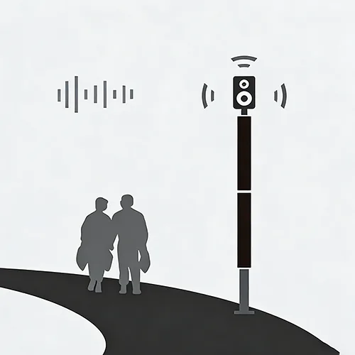 Silhouettes of two people walking on a curved path next to a pole with a smart device emitting wireless signals and sound waves.