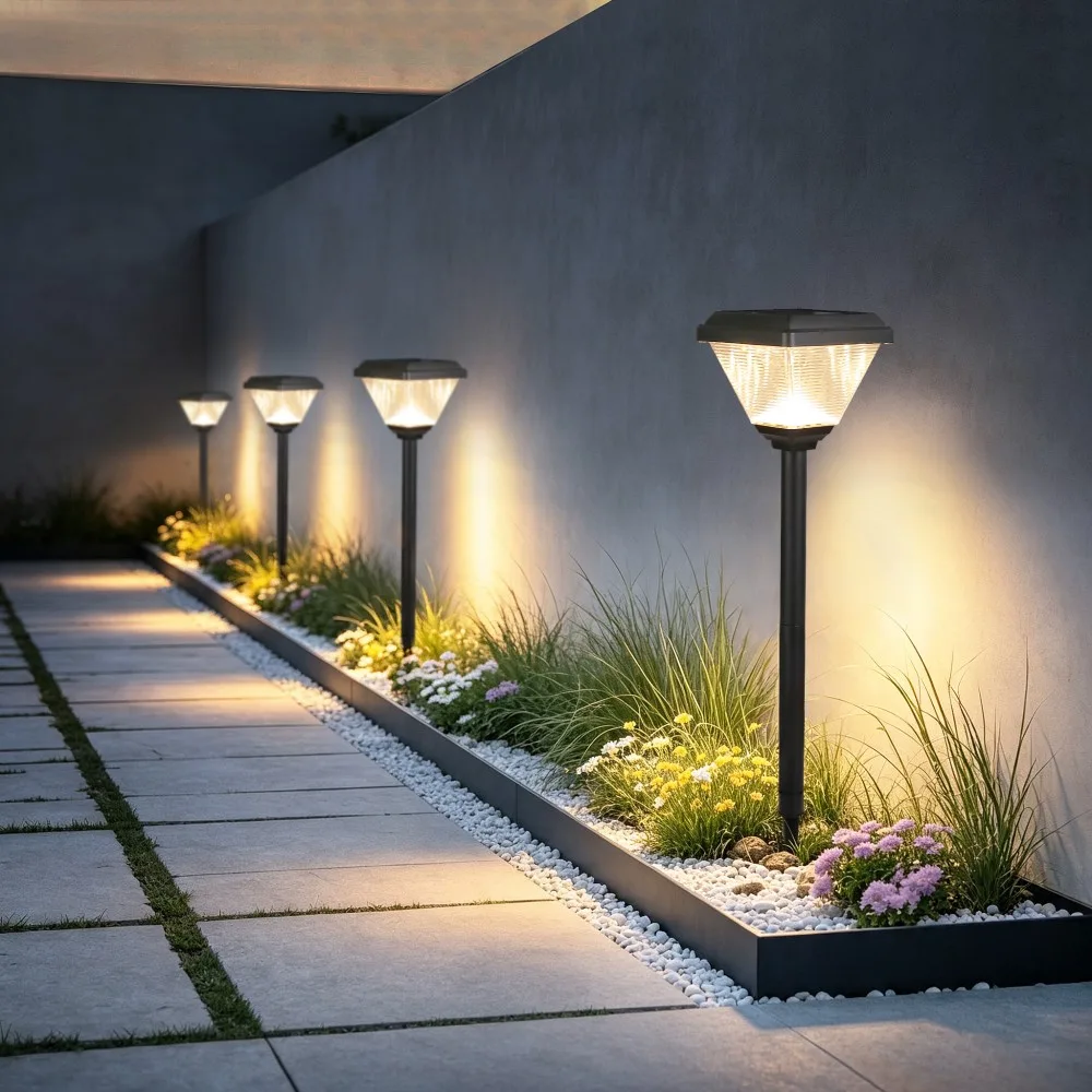 CPD-0406 solar lawn lights lining a landscaped pathway