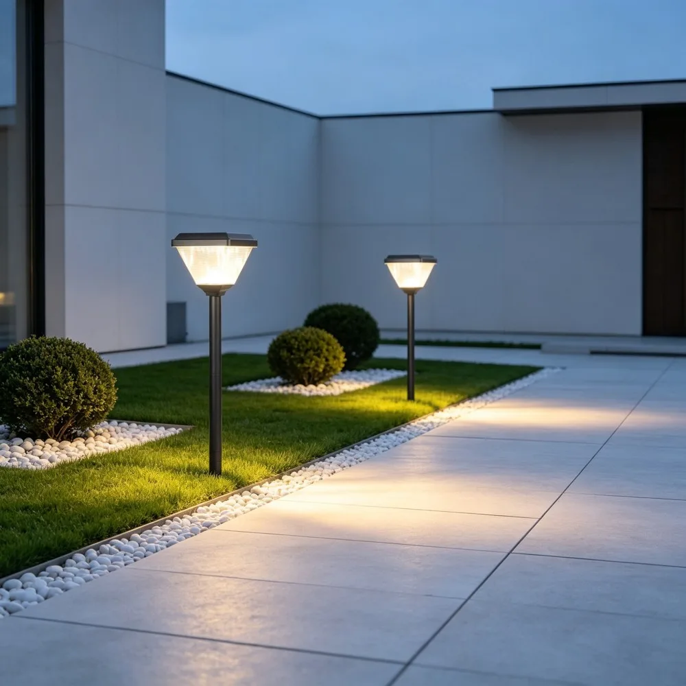 CPD-0406 solar lawn lights in a modern courtyard lawn