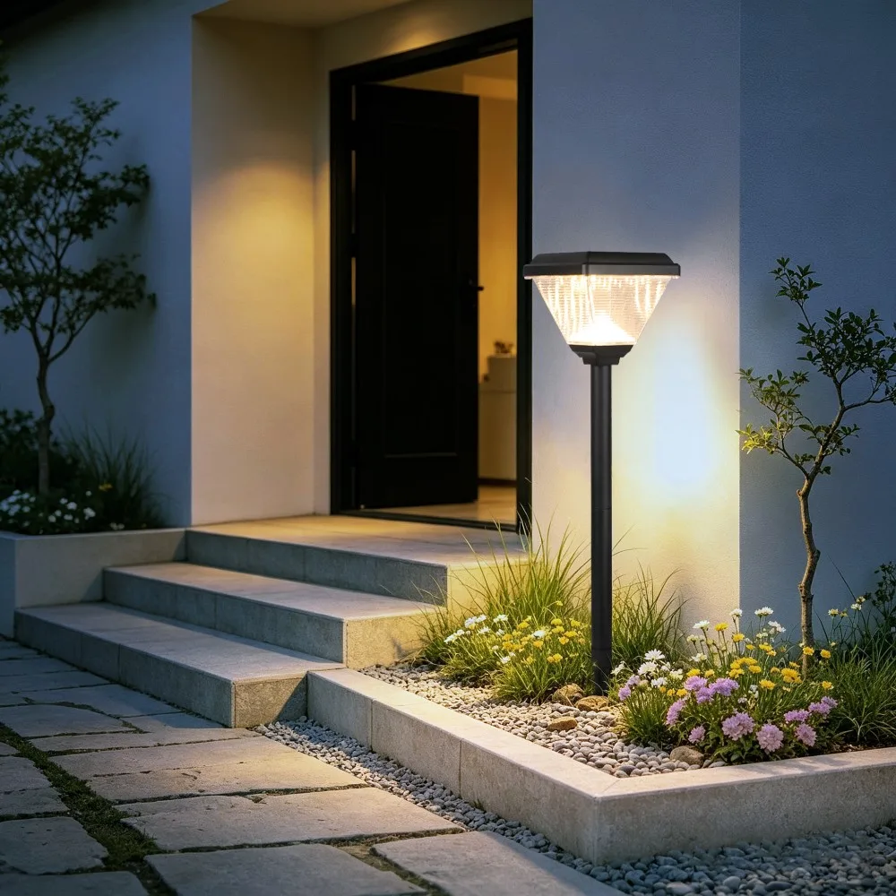 CPD-0406 solar lawn lights beside a residential entry and steps