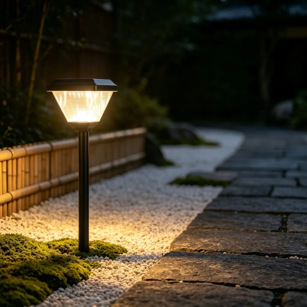 CPD-0406 solar lawn lights along a stone and gravel garden path