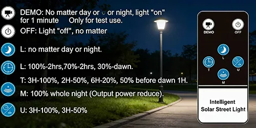 A black all-in-one solar powered street light on a pole.