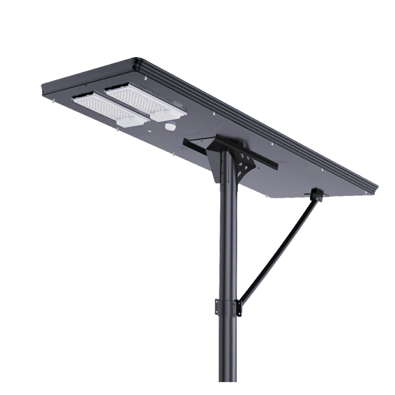 A black all-in-one solar street light with an integrated solar panel and LED lights mounted on a pole.