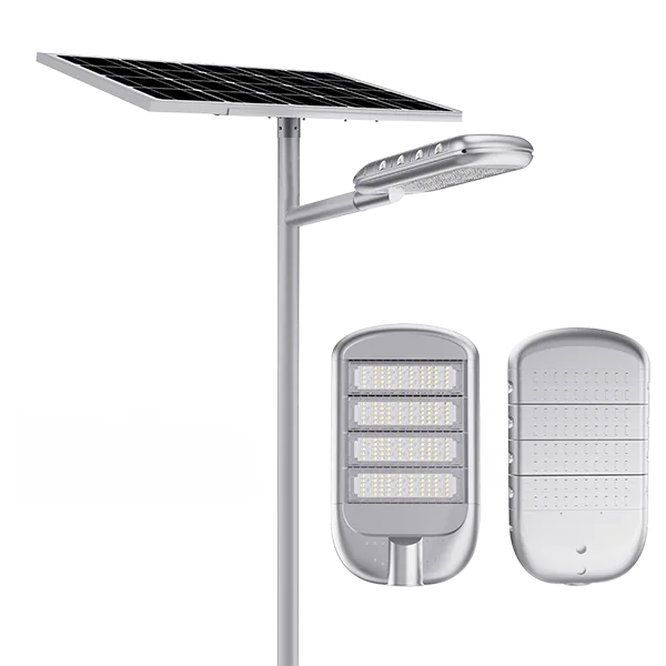 RadiantSun split solar street light with pole, top-mounted solar panel and side lamp head