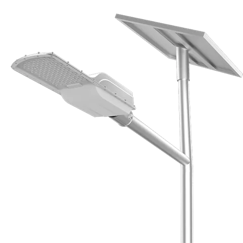 A white split solar street light with a solar panel mounted on a pole and an LED lamp head extending on an arm.