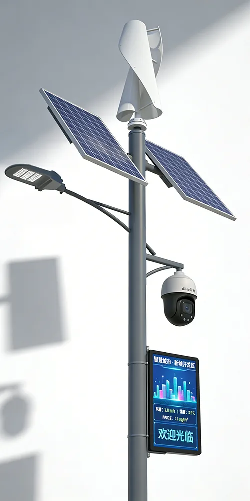 A smart street pole featuring a wind turbine, solar panels, an LED light, a security camera, and a digital information display.