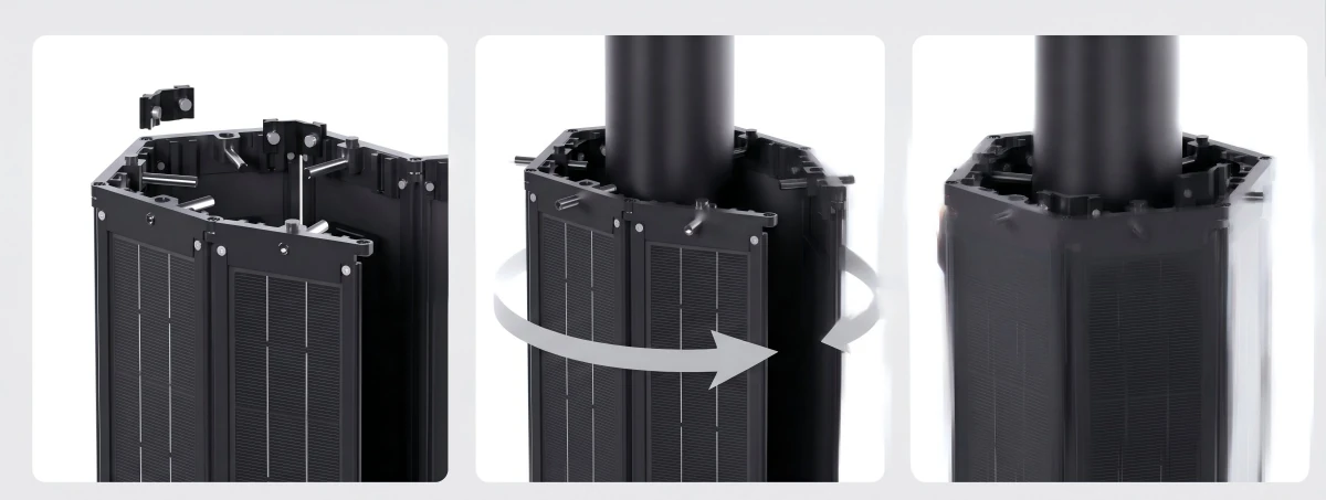 SolarWrap foldable vertical solar panel installation — wrapping the polygonal PV module around the light pole