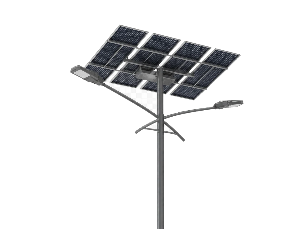 A white double-arm solar street light with two solar panels mounted on top and two lamp fixtures extending from the sides.