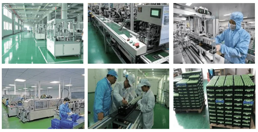A collage of six photos showing a cleanroom battery manufacturing facility with automated machinery, workers in protective suits, and stacke