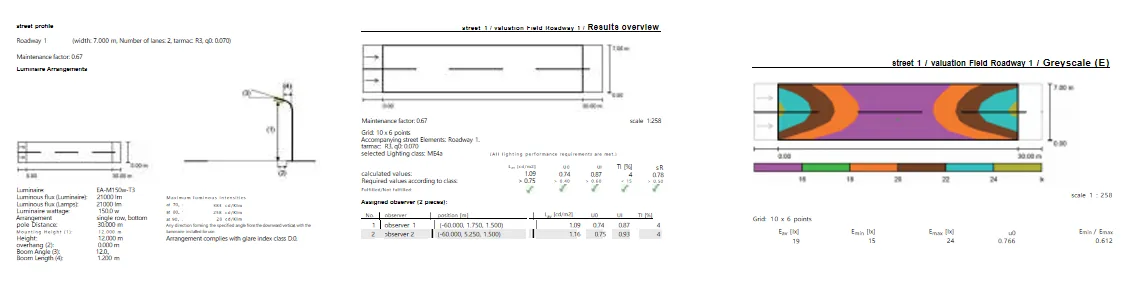 A technical lighting design report for a street with two 6-point observer grids, a luminaire arrangement diagram, and a greyscale illuminanc