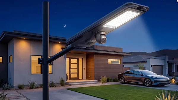 A modern solar street light with a built-in CCTV camera illuminates a house and parked car at dusk.