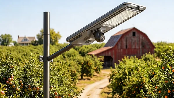 A solar-powered street light with an integrated security camera stands in a citrus orchard in front of a red barn on a sunny day.