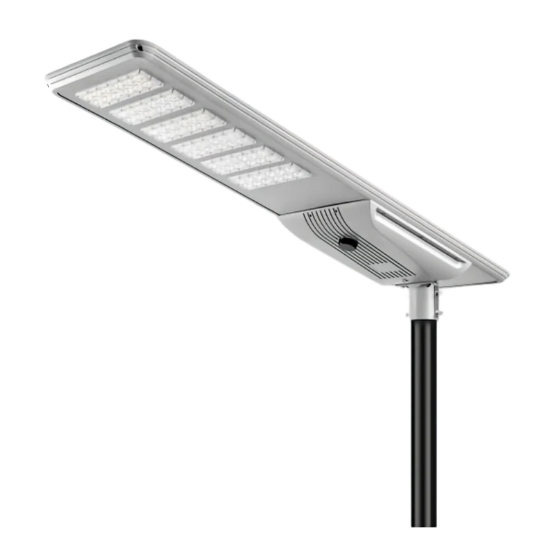 A black integrated solar street light with a long flat panel and LED strips mounted on a pole.