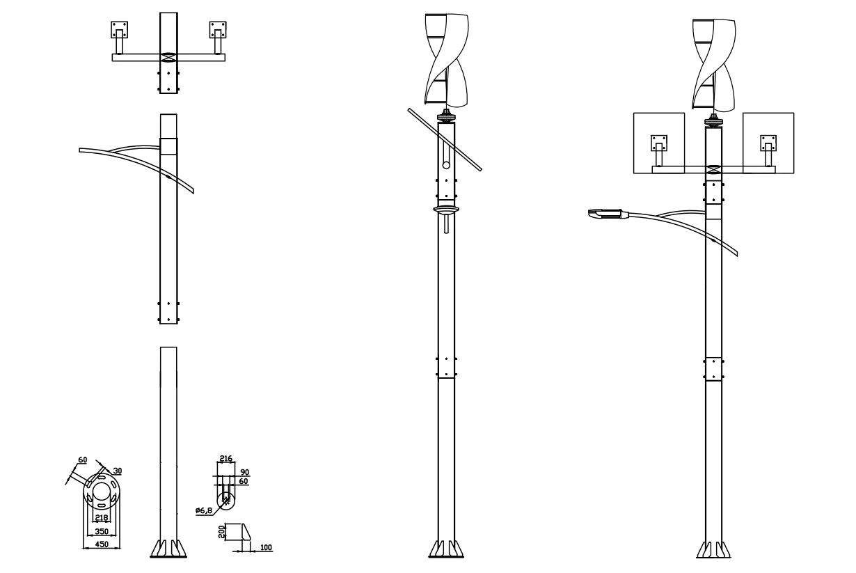 Vertical wind solar hybrid LED street light installation drawing with dimensions