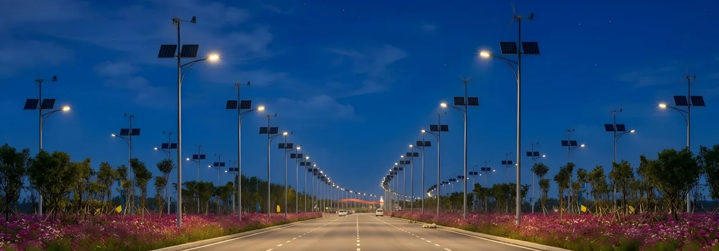 A wide road at twilight lined with solar and wind powered street lights and pink flowers.
