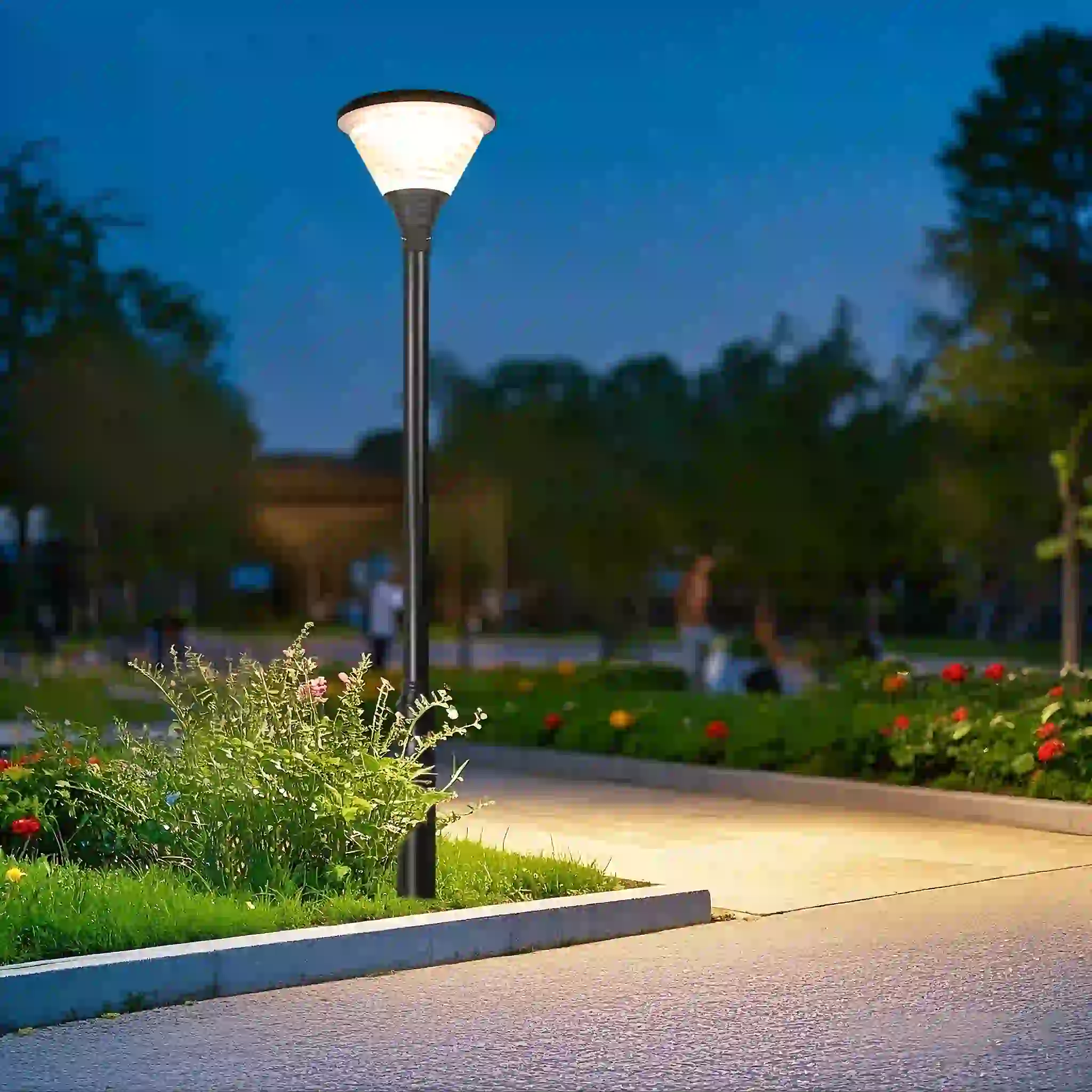 GGD-001 solar lights lining a landscaped area