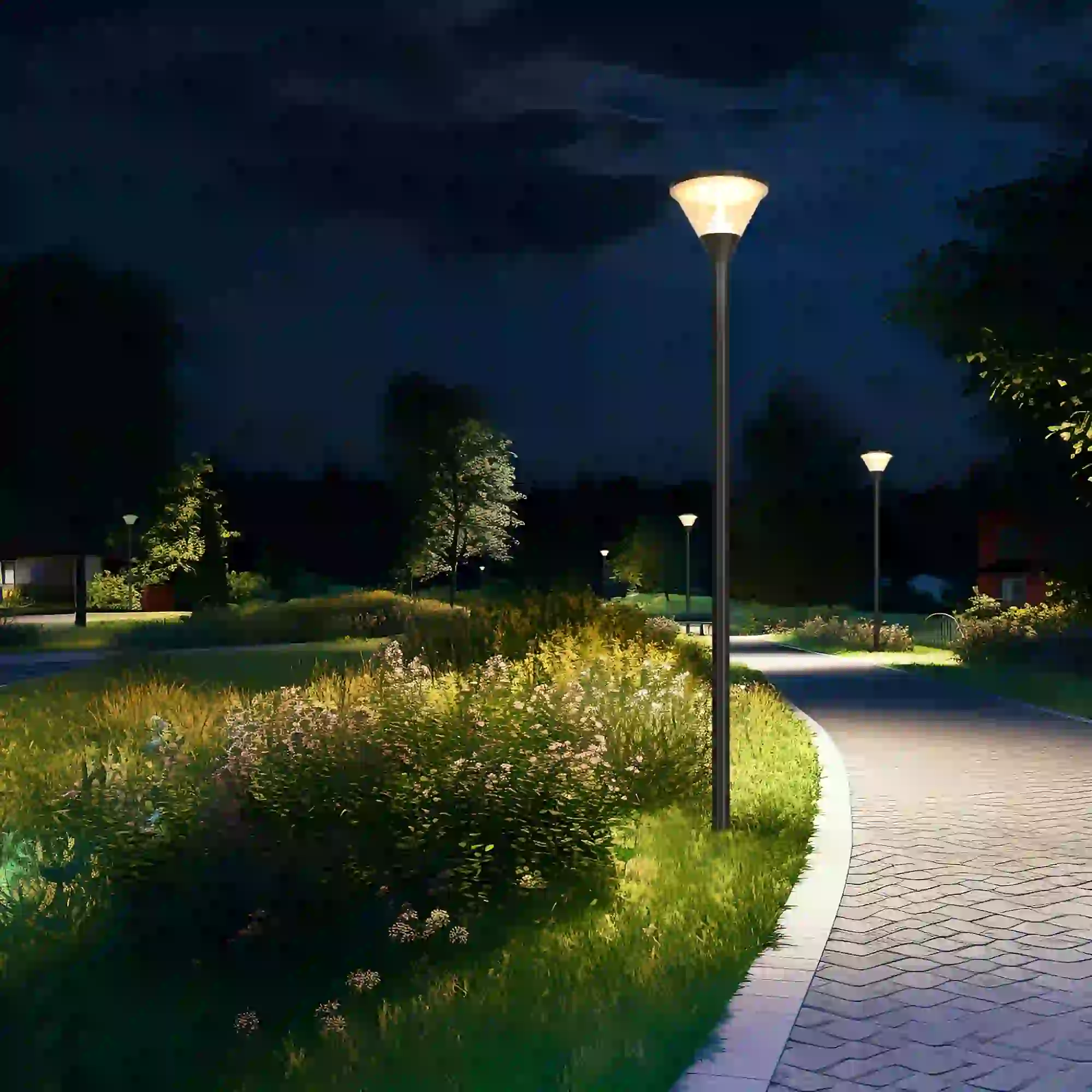 GGD-006 solar lights lining a landscaped area